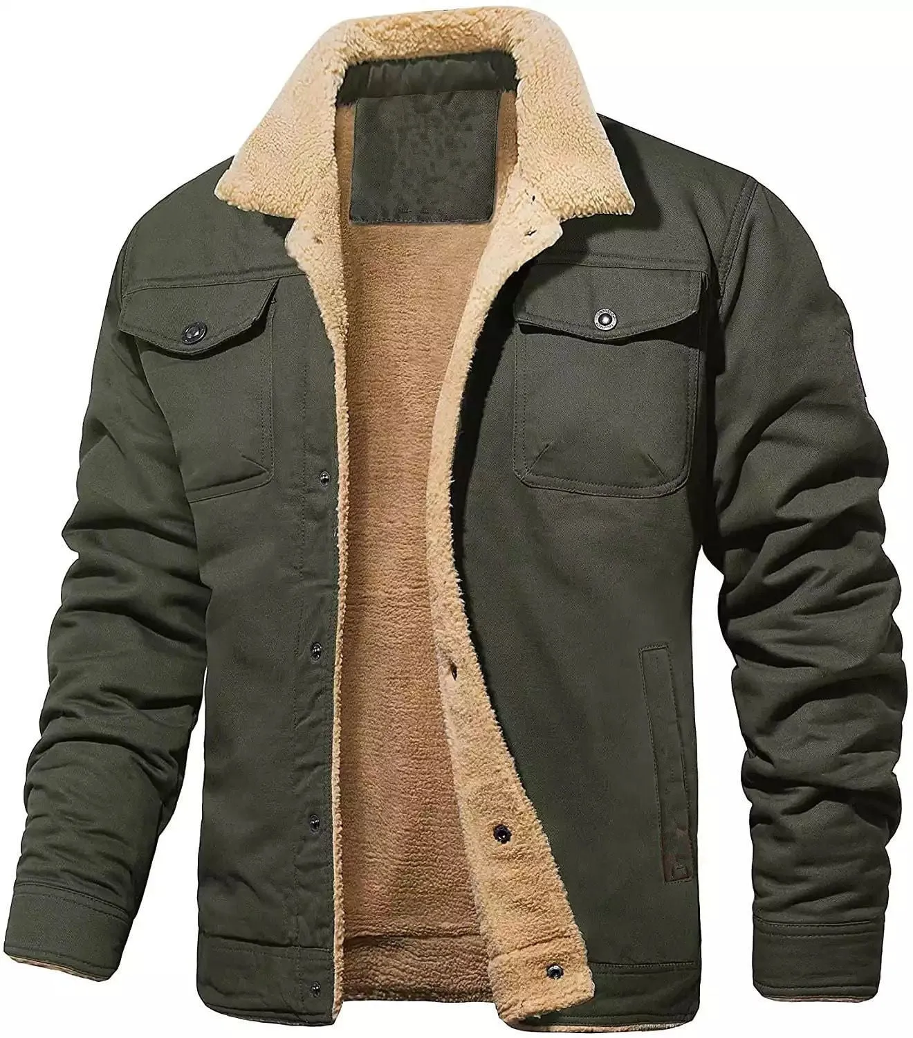 Men's cotton fleece-lined mid-length overalls jacket in khaki with patch pockets and straight hem