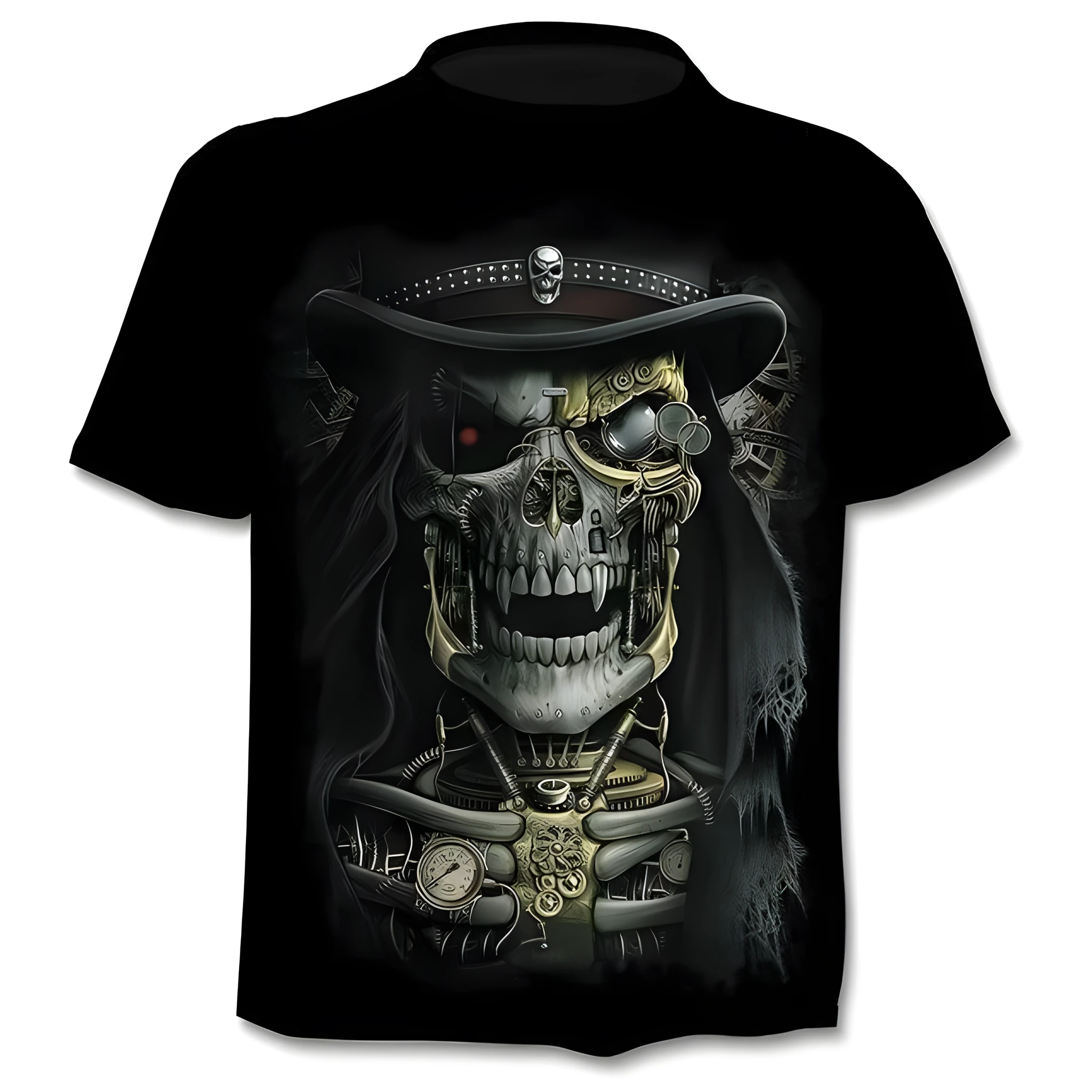 Men's gothic skull print t-shirt punk style round neck regular sleeve top in black