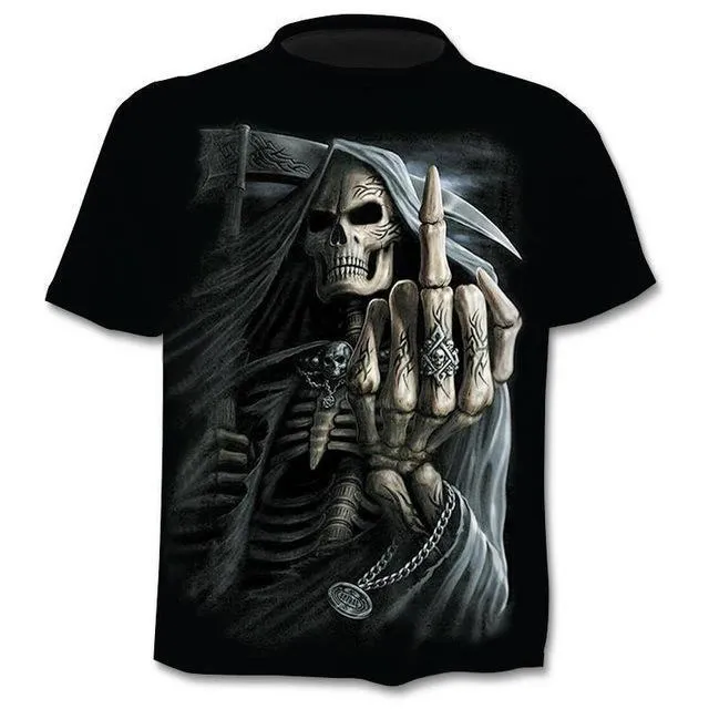 Men's gothic skull print t-shirt punk style round neck regular sleeve top in black