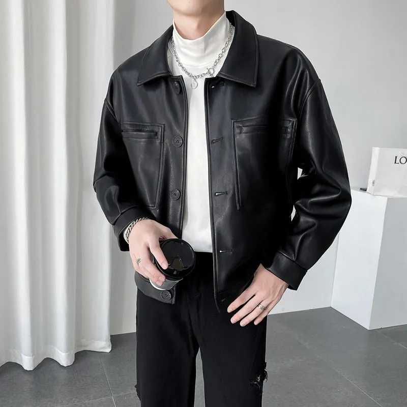 Men's short PU leather jacket with retro lapels, ruffle detailing, and side seam pockets in brown colour