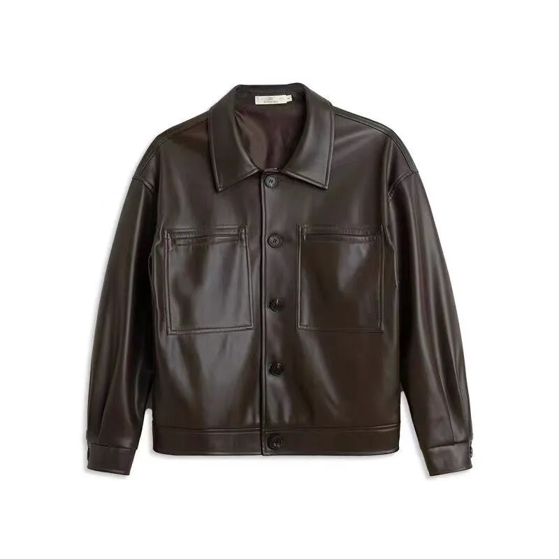 Men's short PU leather jacket with retro lapels, ruffle detailing, and side seam pockets in brown colour