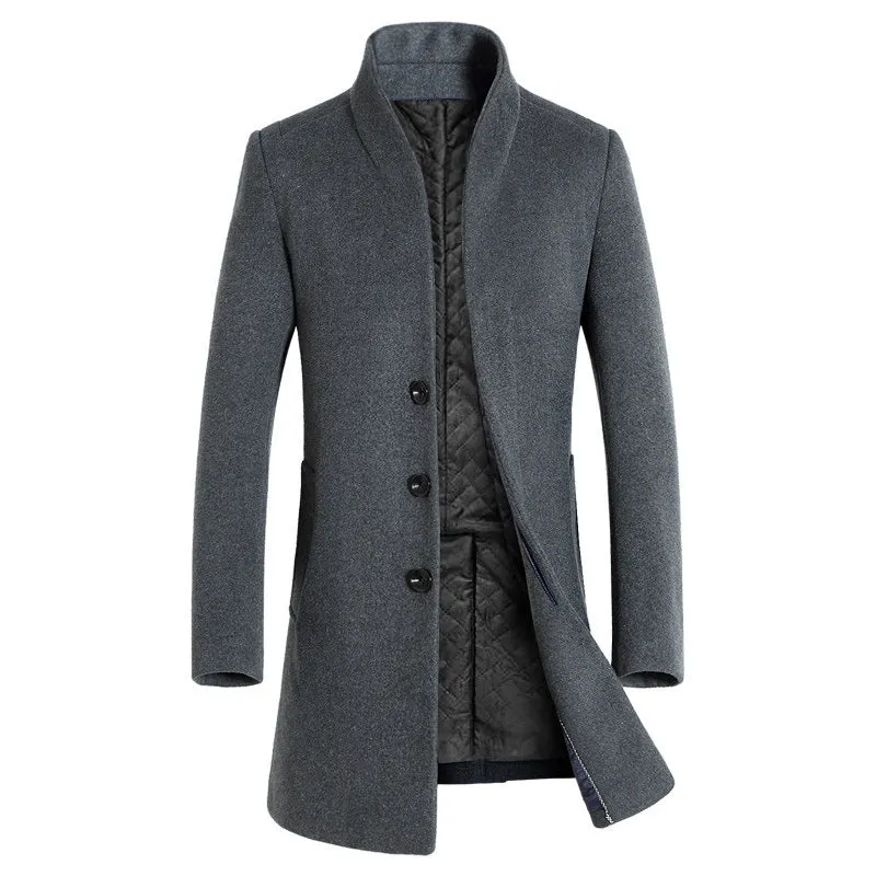 Men's mid-length slim fit hooded cotton blend trench coat in 825 navy blue with lapel collar and multi-pockets