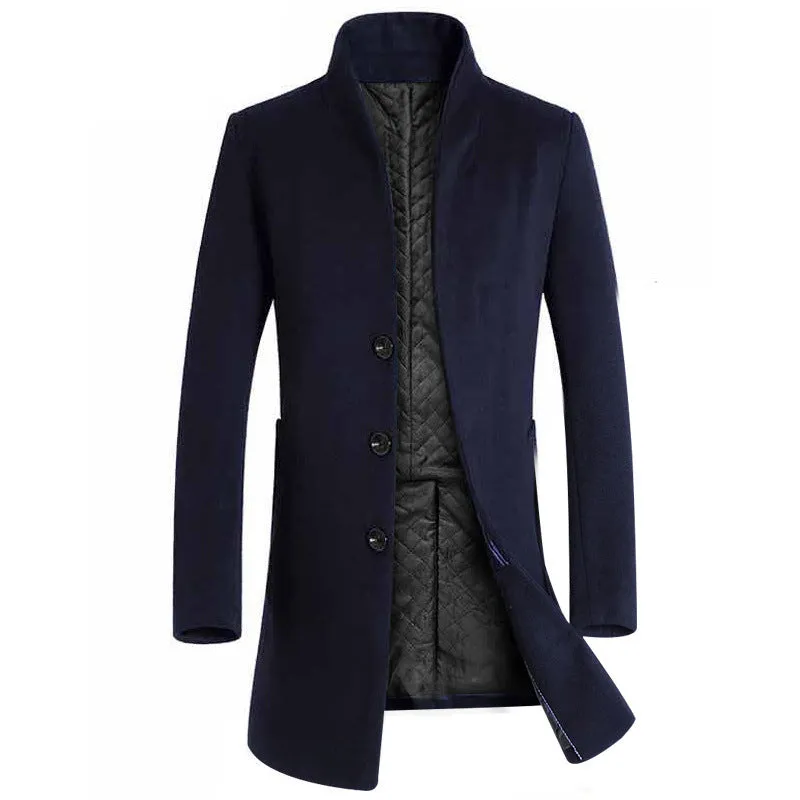 Men's mid-length slim fit hooded cotton blend trench coat in 825 navy blue with lapel collar and multi-pockets
