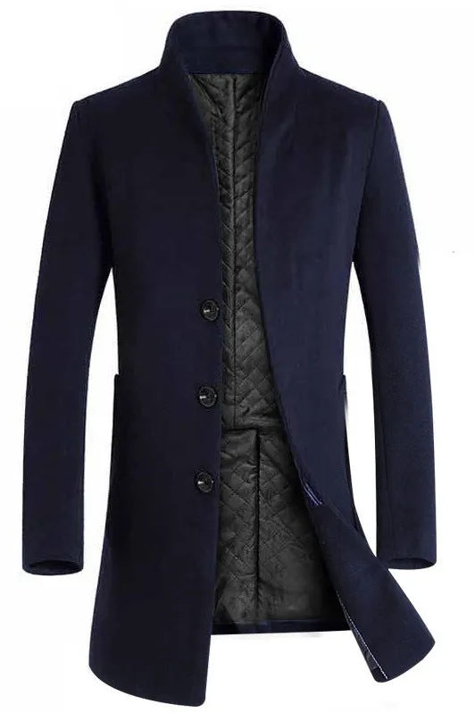 Men's mid-length slim fit hooded cotton blend trench coat in 825 navy blue with lapel collar and multi-pockets