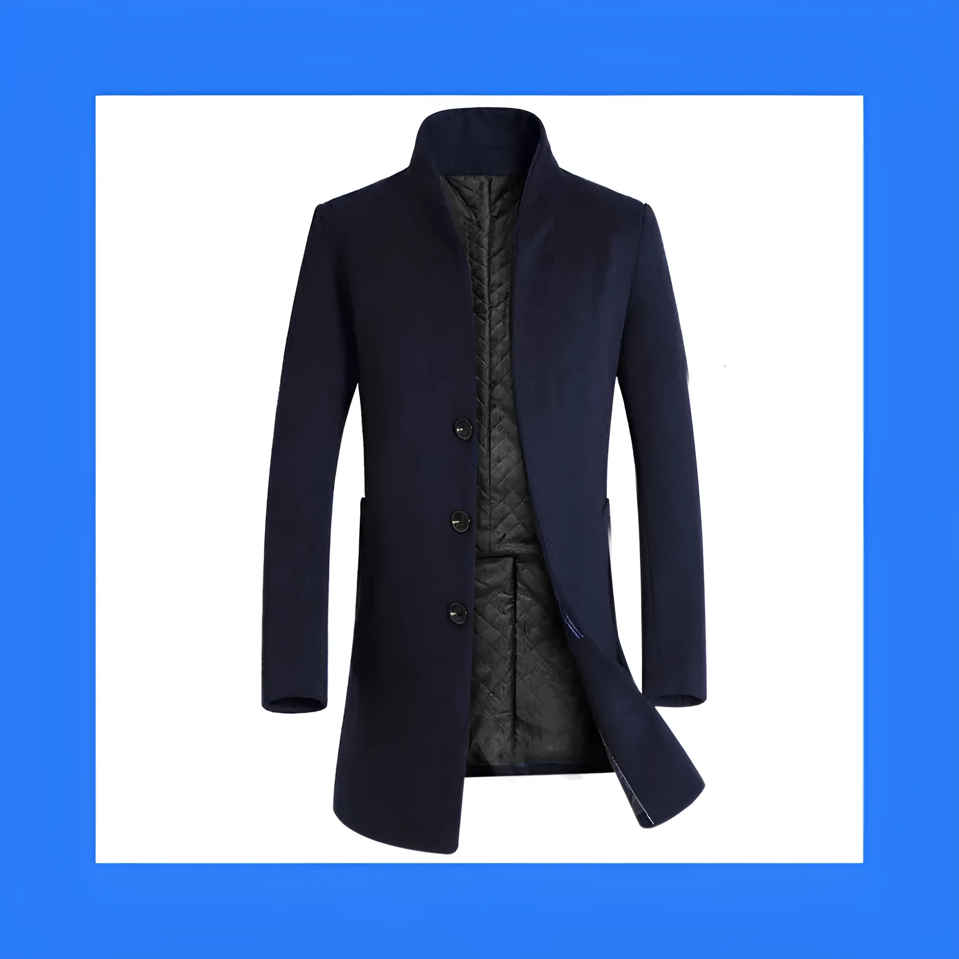 Men's mid-length slim fit hooded cotton blend trench coat in 825 navy blue with lapel collar and multi-pockets