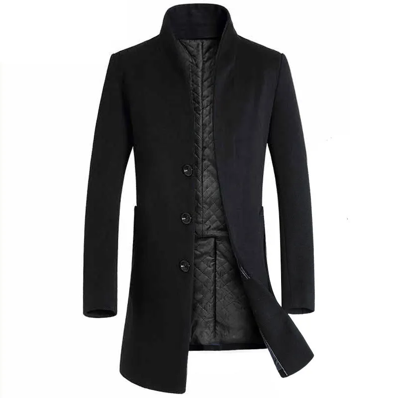 Men's mid-length slim fit hooded cotton blend trench coat in 825 navy blue with lapel collar and multi-pockets