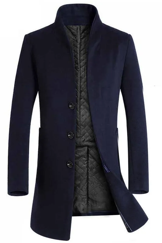 Men's mid-length slim fit hooded cotton blend trench coat in 825 navy blue with lapel collar and multi-pockets