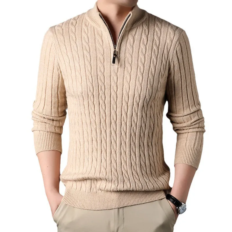 Eight loose men's casual cardigan sweater coat in M8511 apricot, thick polyester knit, slim fit, long sleeves, front view