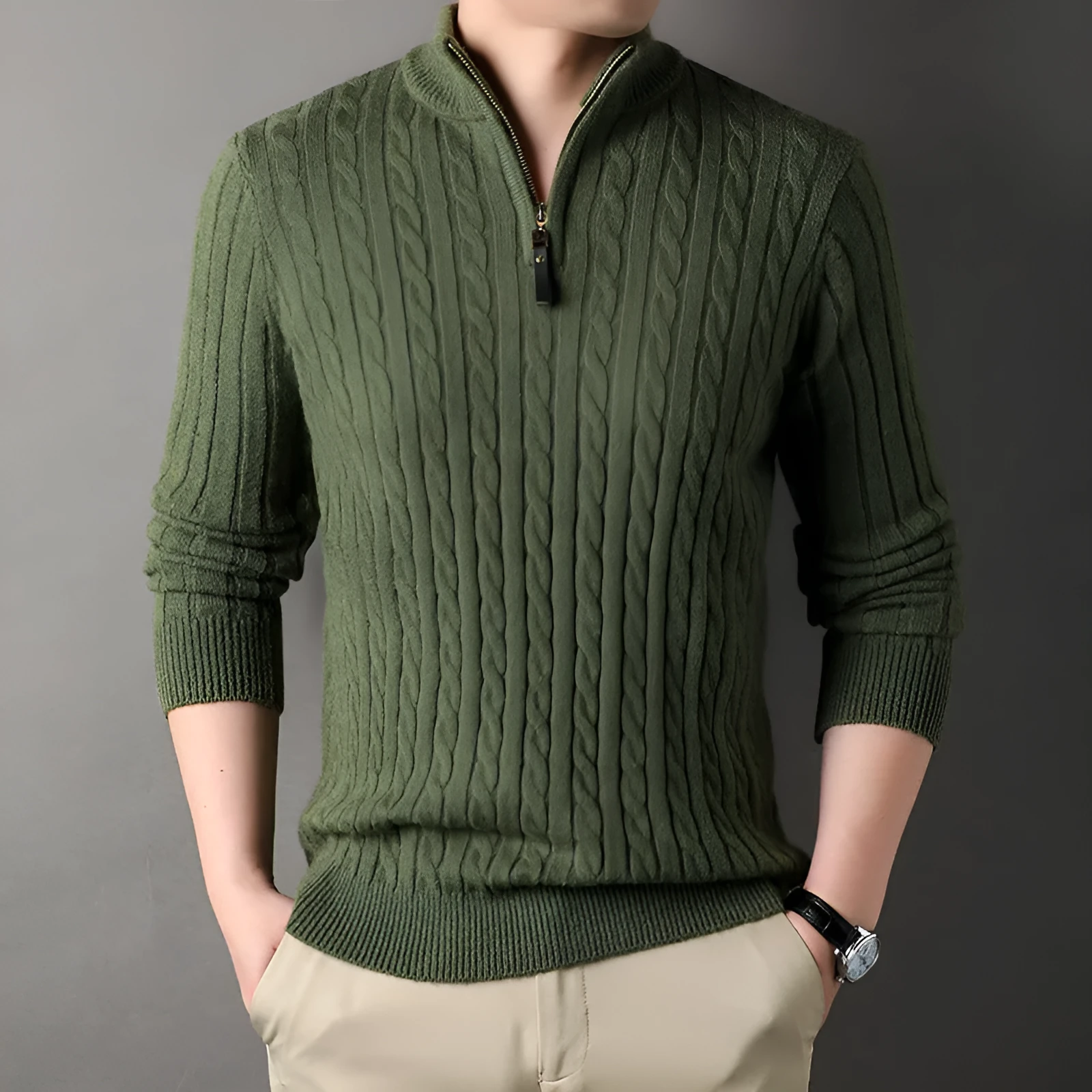 Eight loose men's casual cardigan sweater coat in M8511 apricot, thick polyester knit, slim fit, long sleeves, front view