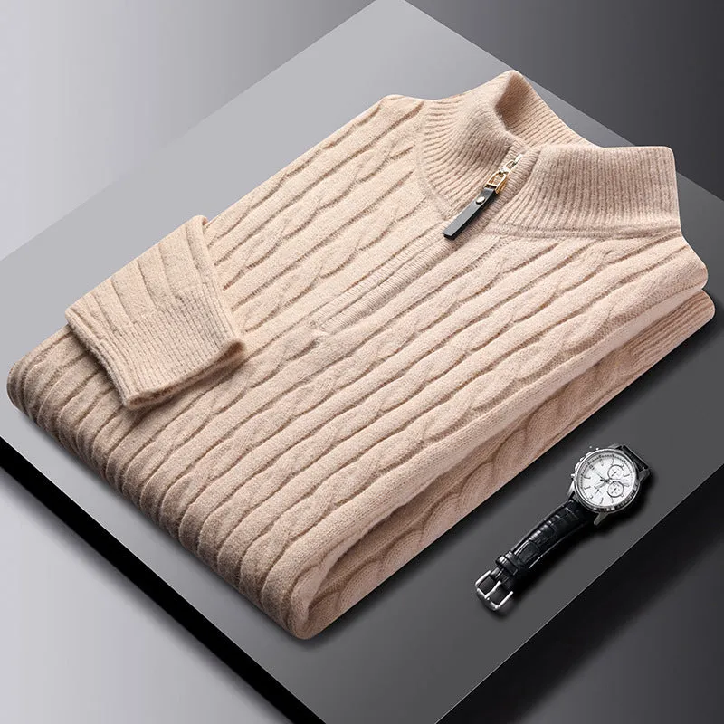 Eight loose men's casual cardigan sweater coat in M8511 apricot, thick polyester knit, slim fit, long sleeves, front view
