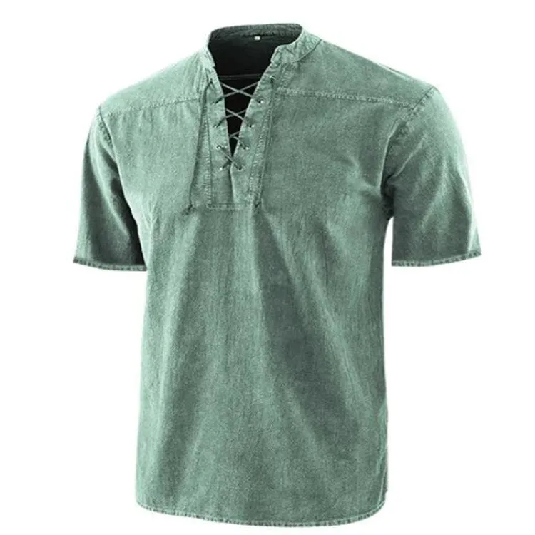 Men's retro short-sleeve shirt with tie collar lace-up detail in solid colour, loose fit, available in multiple colours and sizes.