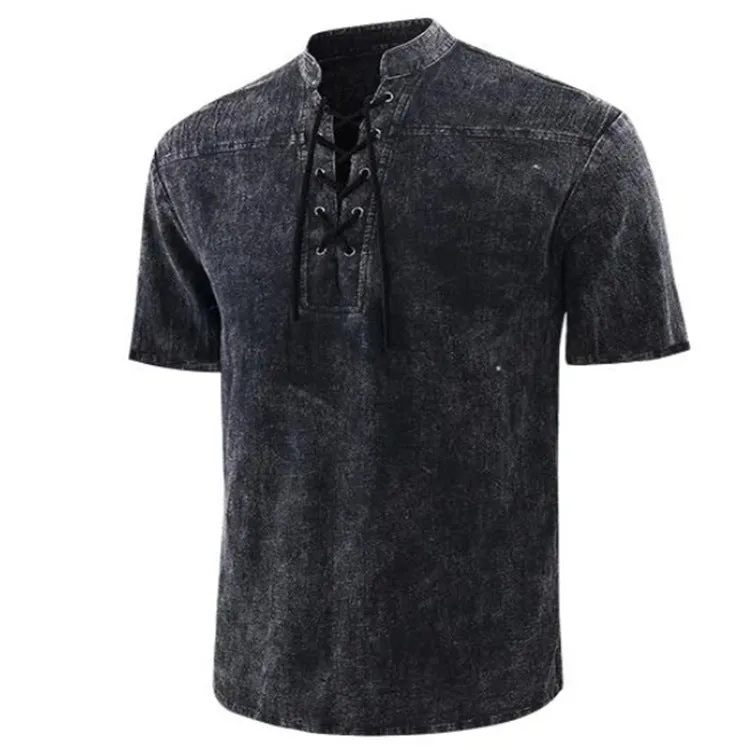 Men's retro short-sleeve shirt with tie collar lace-up detail in solid colour, loose fit, available in multiple colours and sizes.