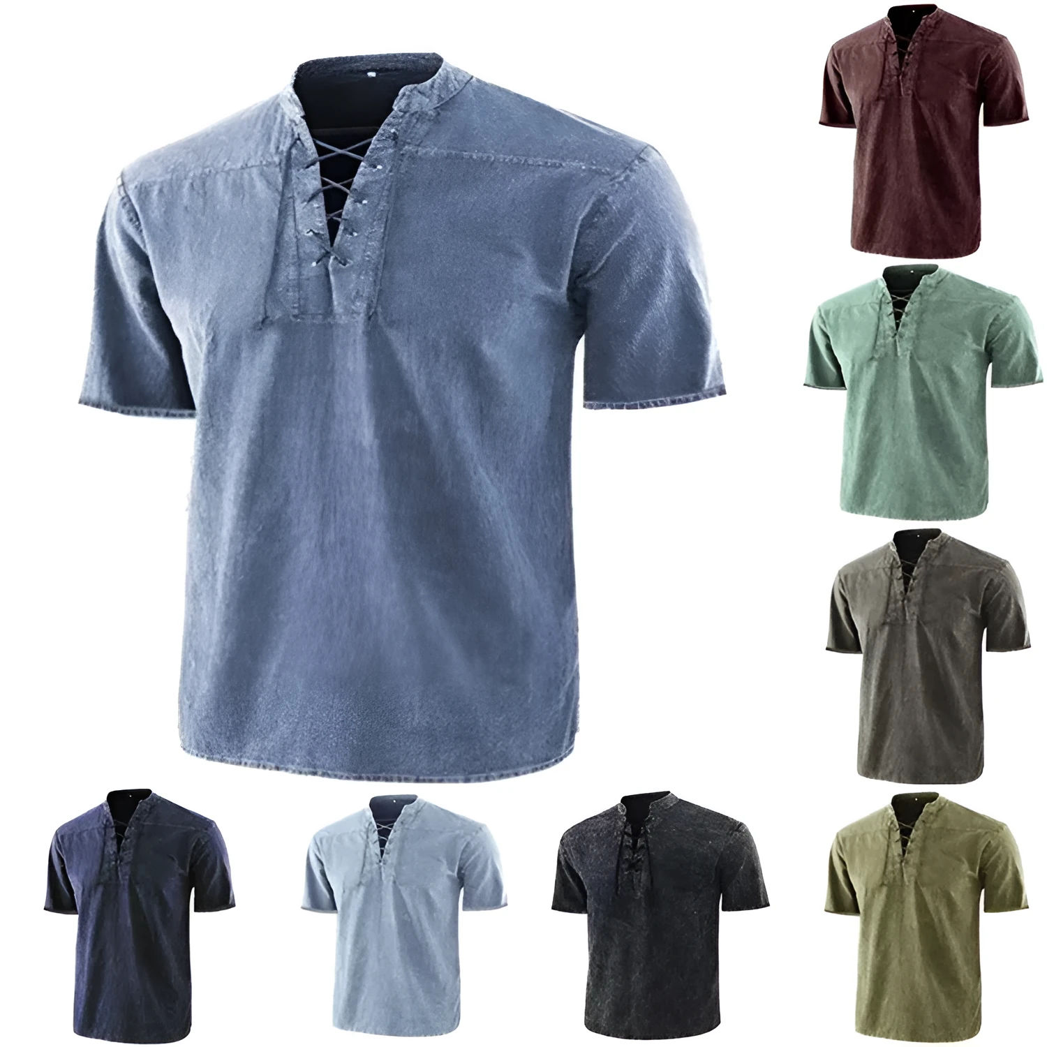 Men's retro short-sleeve shirt with tie collar lace-up detail in solid colour, loose fit, available in multiple colours and sizes.