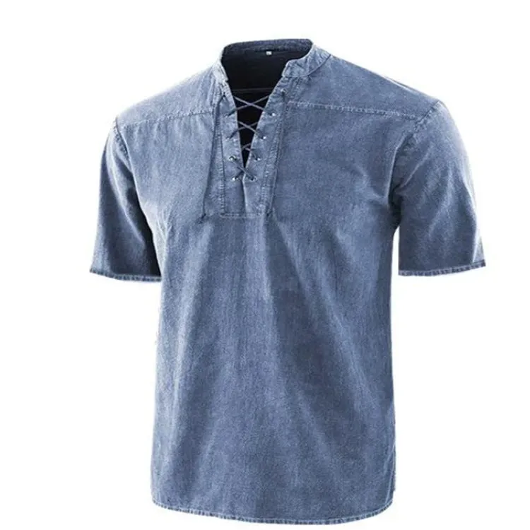 Men's retro short-sleeve shirt with tie collar lace-up detail in solid colour, loose fit, available in multiple colours and sizes.
