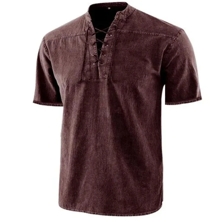 Men's retro short-sleeve shirt with tie collar lace-up detail in solid colour, loose fit, available in multiple colours and sizes.