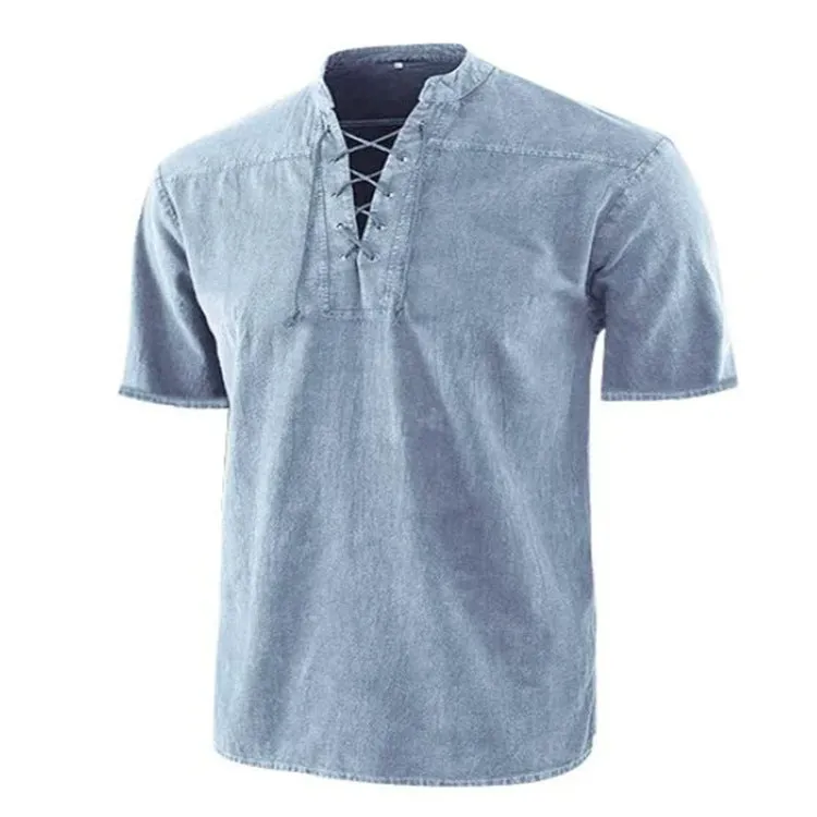 Men's retro short-sleeve shirt with tie collar lace-up detail in solid colour, loose fit, available in multiple colours and sizes.
