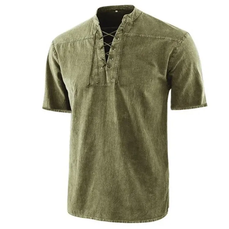 Men's retro short-sleeve shirt with tie collar lace-up detail in solid colour, loose fit, available in multiple colours and sizes.