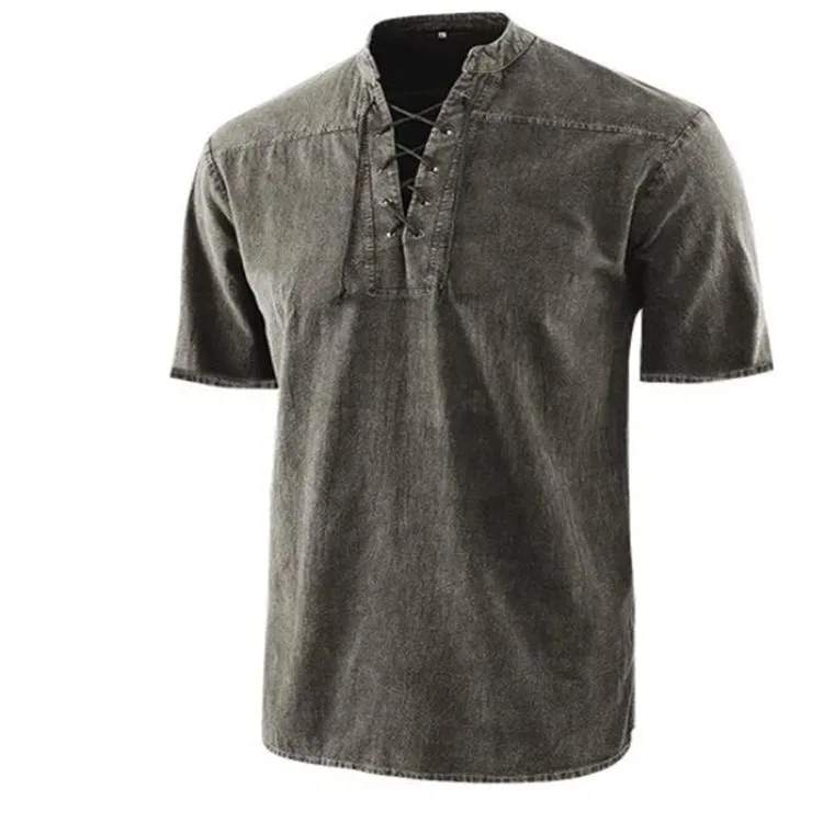Men's retro short-sleeve shirt with tie collar lace-up detail in solid colour, loose fit, available in multiple colours and sizes.