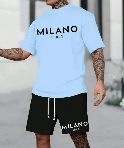 Men's polyester short sleeve suit set with pullover top and matching shorts in multiple colours