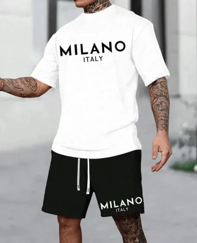 Men's polyester short sleeve suit set with pullover top and matching shorts in multiple colours