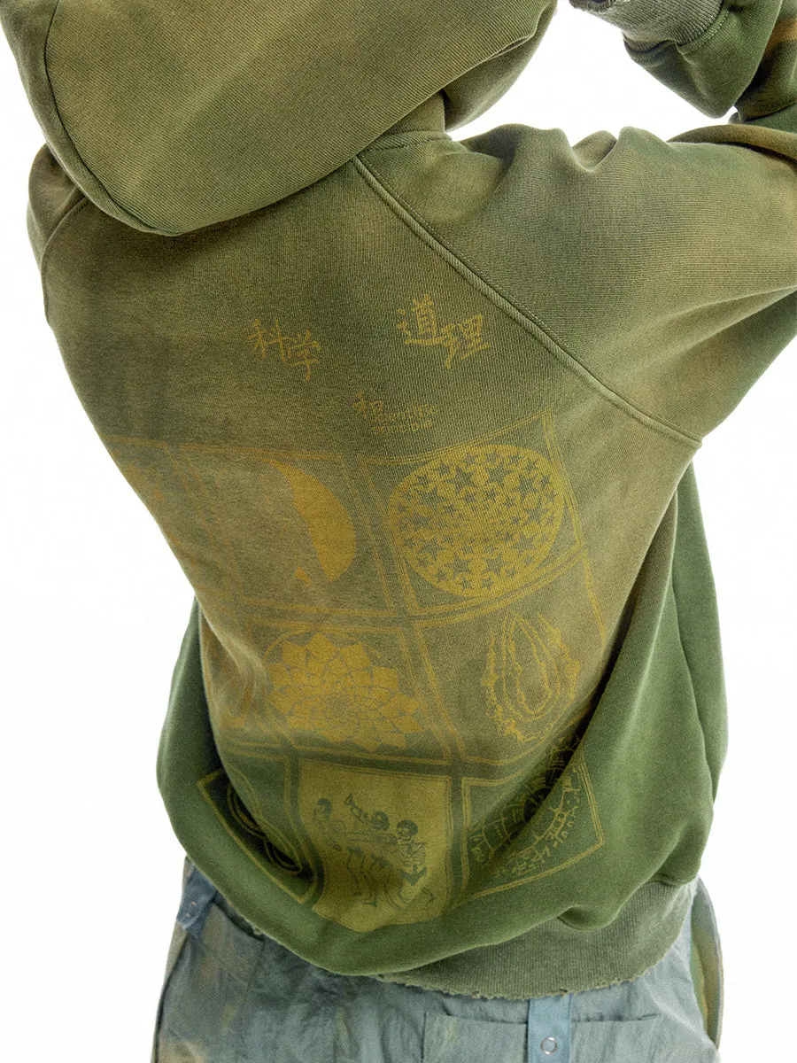 Green loose-fit hooded velvet cardigan with long sleeves, front view, featuring Science And Reason Buddha print