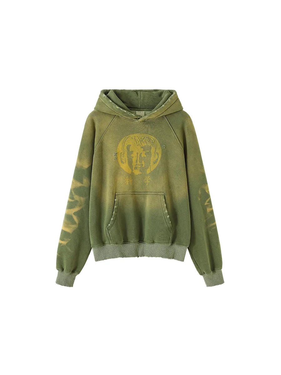 Green loose-fit hooded velvet cardigan with long sleeves, front view, featuring Science And Reason Buddha print