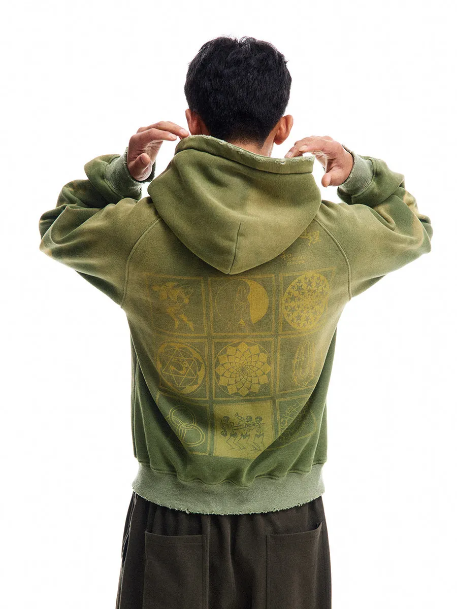 Green loose-fit hooded velvet cardigan with long sleeves, front view, featuring Science And Reason Buddha print