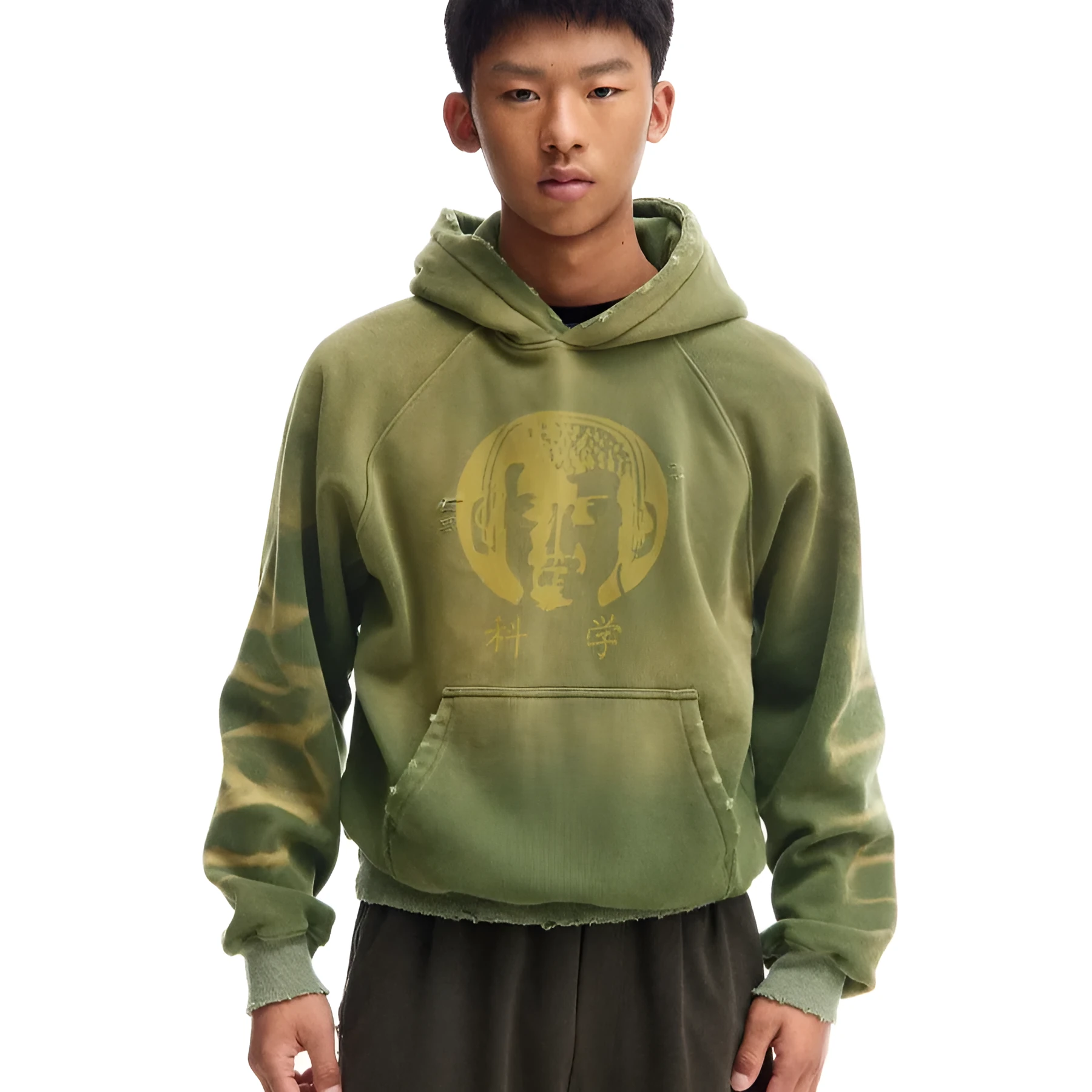 Green loose-fit hooded velvet cardigan with long sleeves, front view, featuring Science And Reason Buddha print