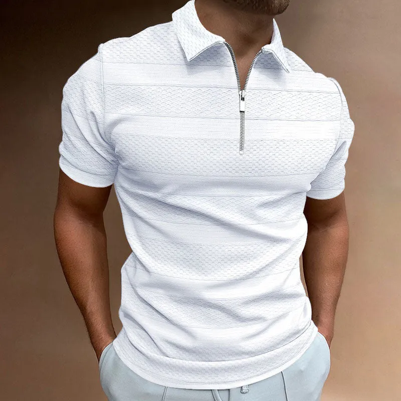 Men's solid colour short-sleeve jacquard lapel top with zipper decorations, available in five colours