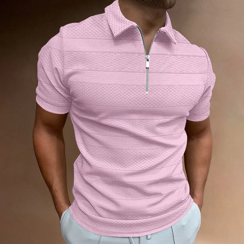 Men's solid colour short-sleeve jacquard lapel top with zipper decorations, available in five colours