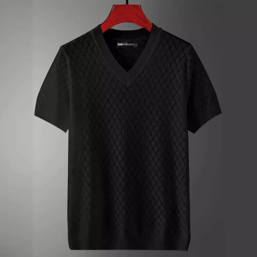 Man wearing a black Korean-style ice silk V-neck t-shirt, showcasing the cut-out detail and casual fit.