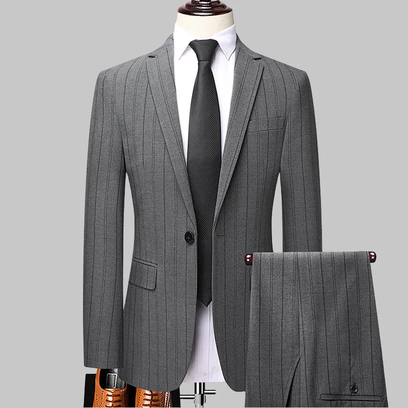 Grey slim-fit men's striped suit set with coat, vest, and trousers on hanger