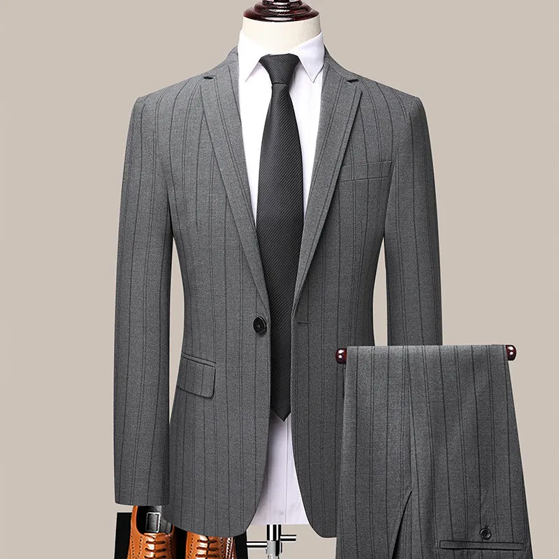 Grey slim-fit men's striped suit set with coat, vest, and trousers on hanger