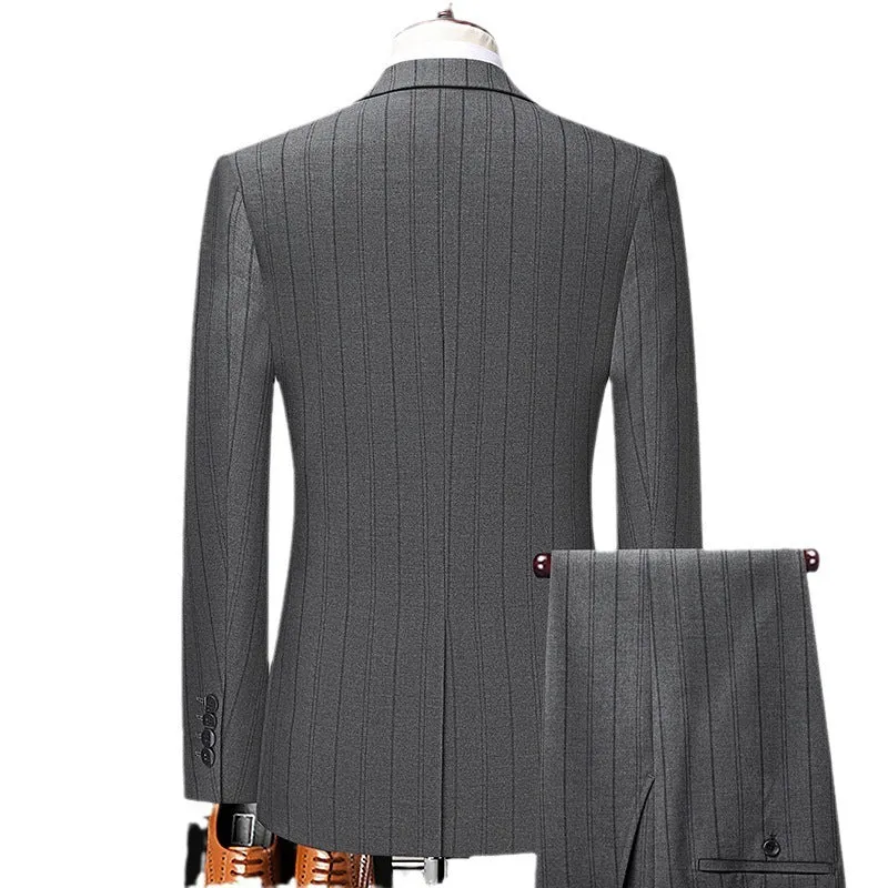 Grey slim-fit men's striped suit set with coat, vest, and trousers on hanger