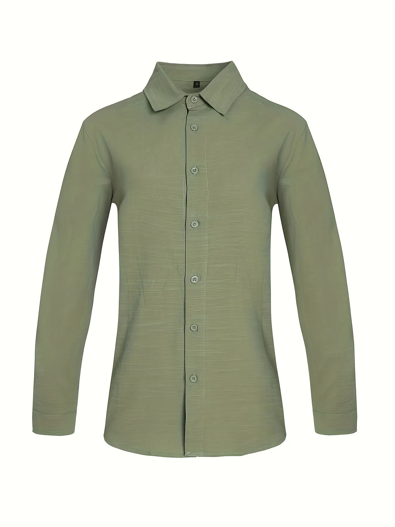 Light green linen men's casual shirt with lapel collar and long sleeves, front view