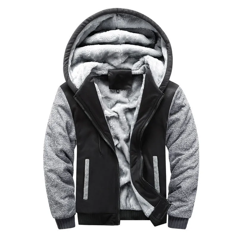 Korean version sports plus velvet thick men's jacket hooded cardigan loose fit hair liner black front view
