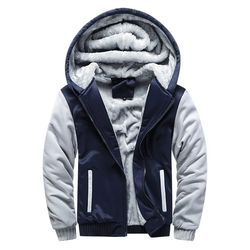Korean version sports plus velvet thick men's jacket hooded cardigan loose fit hair liner black front view