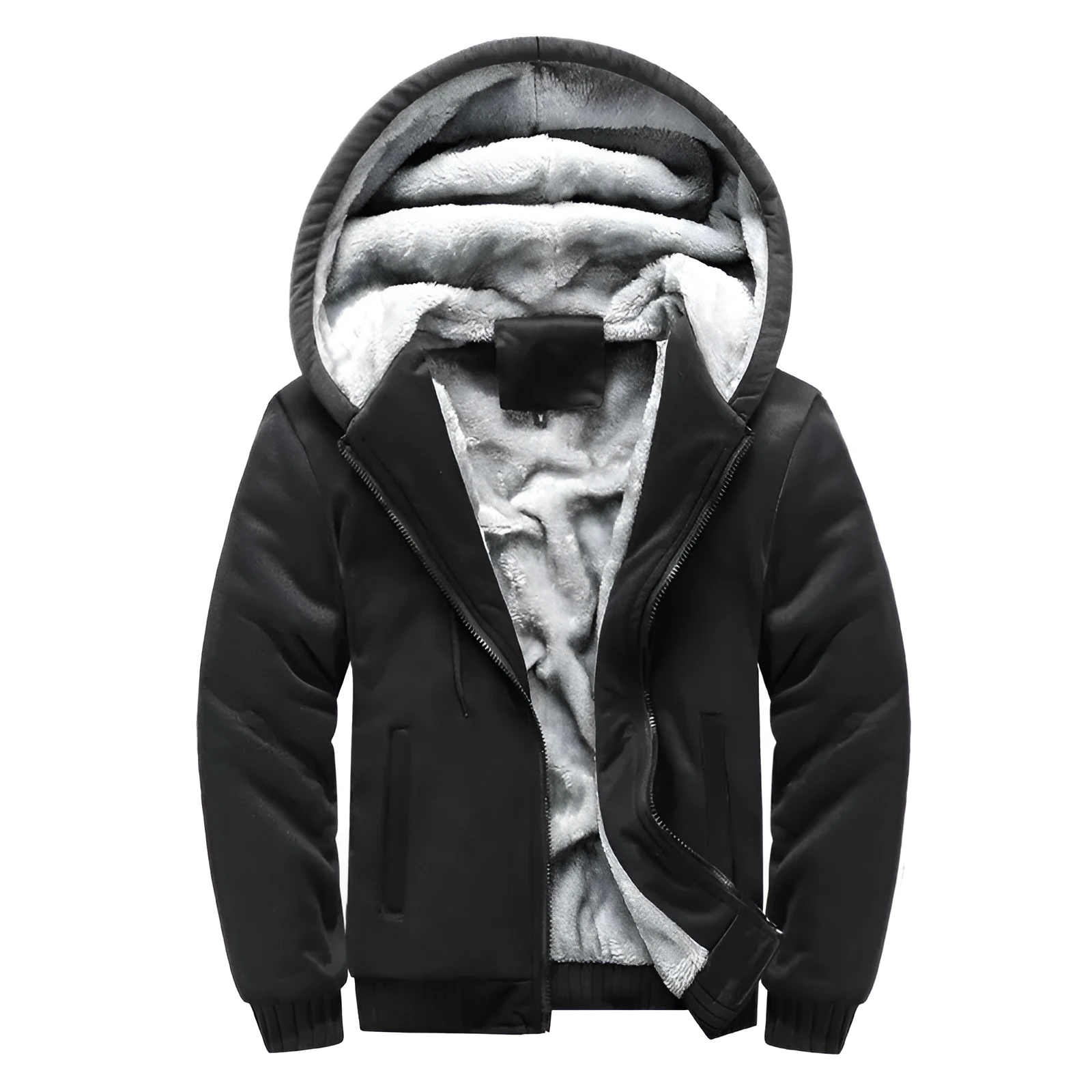 Korean version sports plus velvet thick men's jacket hooded cardigan loose fit hair liner black front view