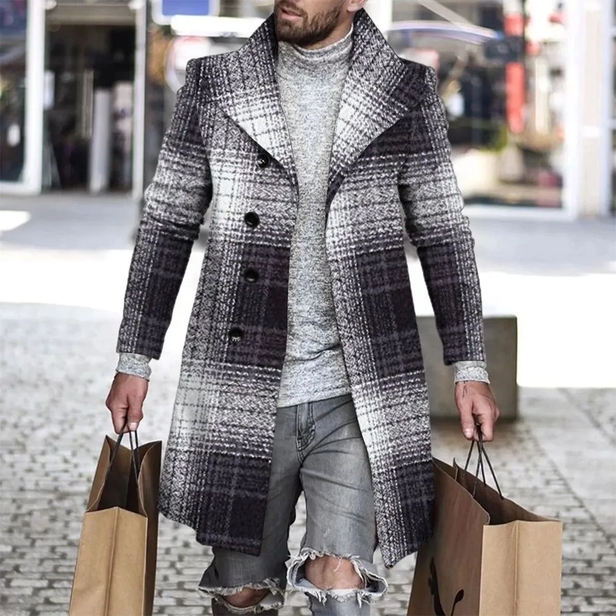 Men's 3D digital print woolen lapel jacket in single-breasted style, 70% polyester blend