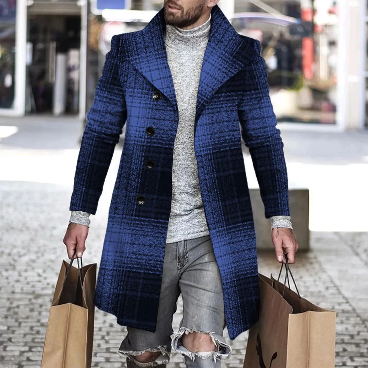 Men's 3D digital print woolen lapel jacket in single-breasted style, 70% polyester blend