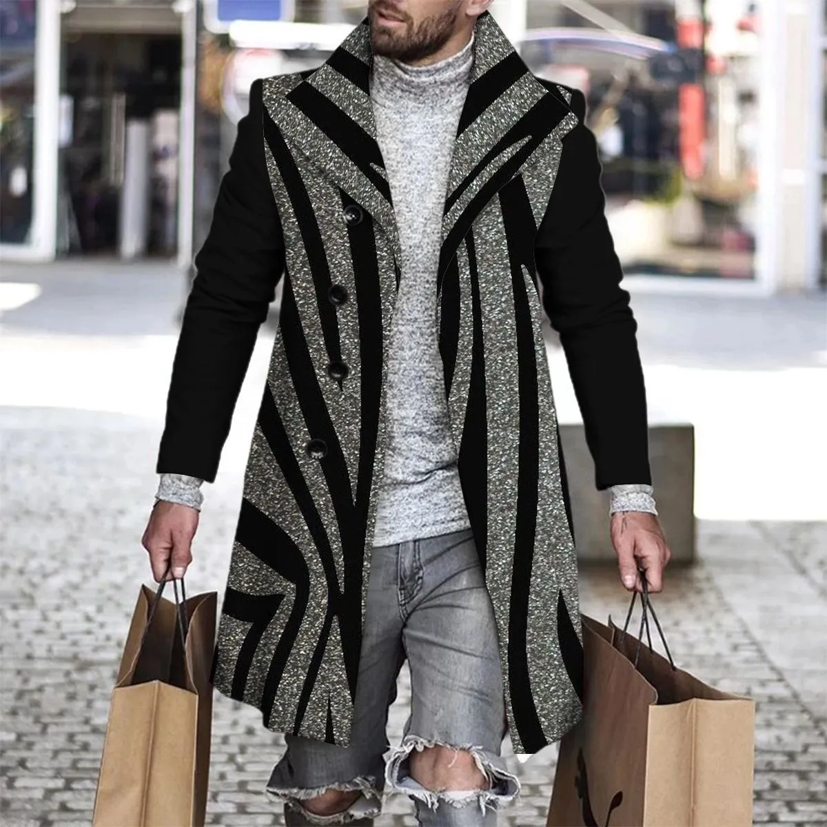 Men's 3D digital print woolen lapel jacket in single-breasted style, 70% polyester blend