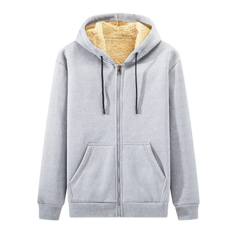 Men's loose fit hooded sweater in grey polyester blend, long sleeves, collarless, autumn winter casual wear