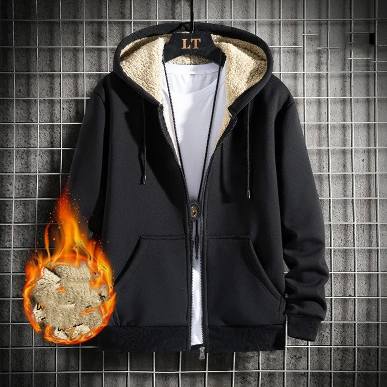 Men's loose fit hooded sweater in grey polyester blend, long sleeves, collarless, autumn winter casual wear