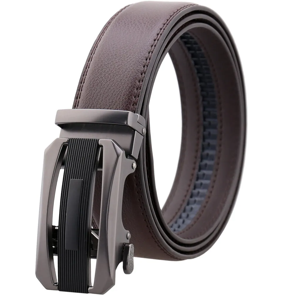 Men's automatic buckle belt in matte gun alloy finish with cowhide leather strap, black ribbon piece, 110-130cm
