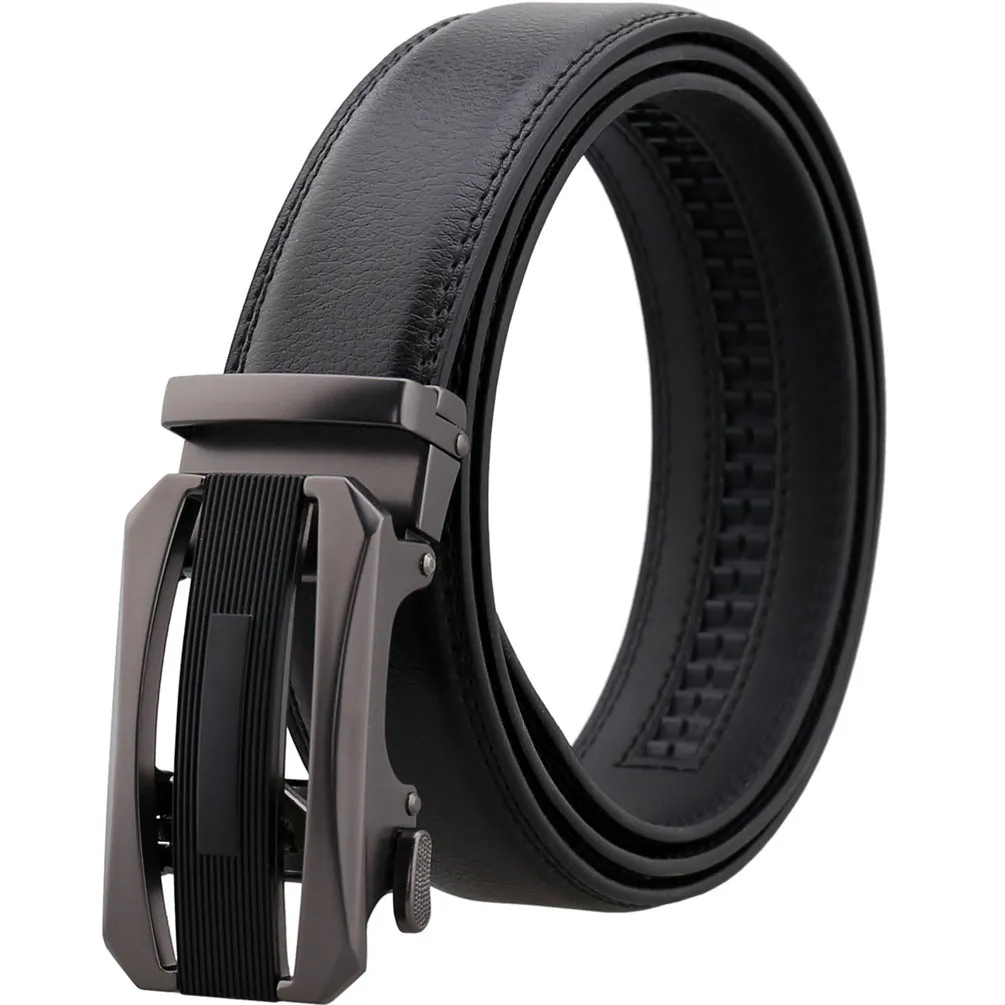 Men's automatic buckle belt in matte gun alloy finish with cowhide leather strap, black ribbon piece, 110-130cm