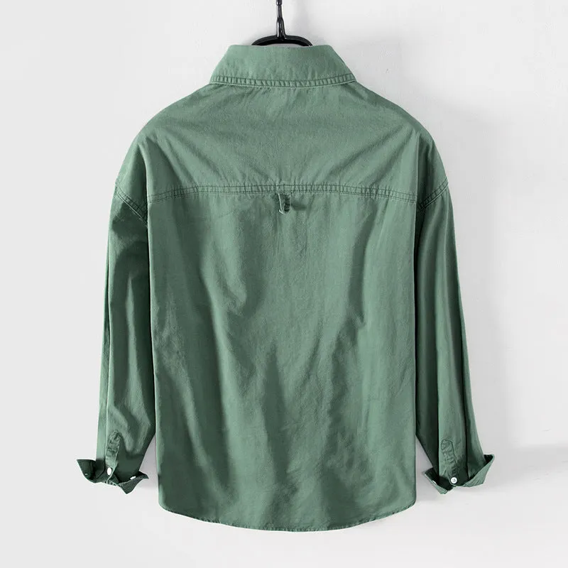Men's cotton casual shirt jacket in khaki, loose fit cardigan style with long sleeves