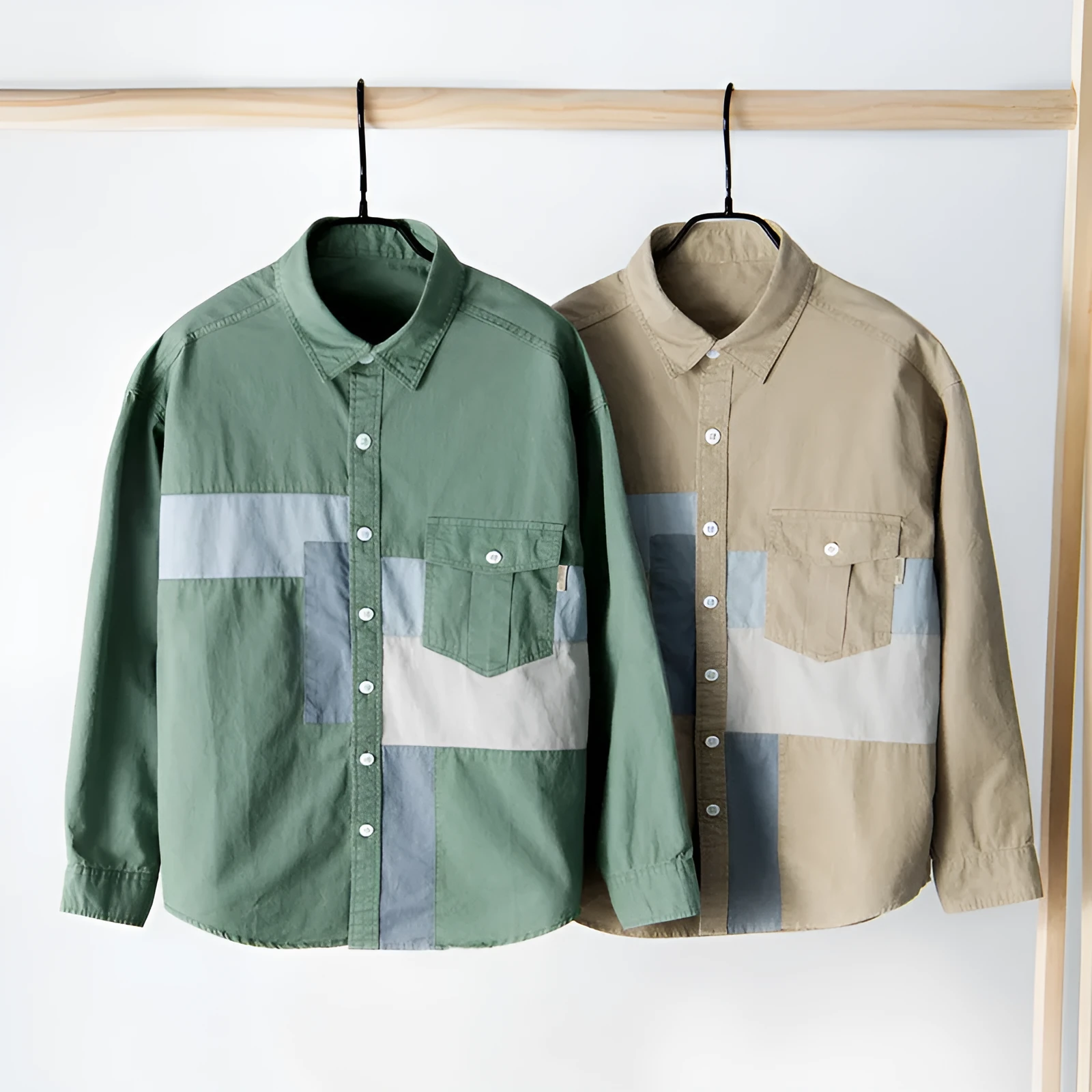 Men's cotton casual shirt jacket in khaki, loose fit cardigan style with long sleeves