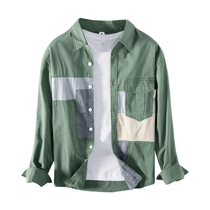 Men's cotton casual shirt jacket in khaki, loose fit cardigan style with long sleeves