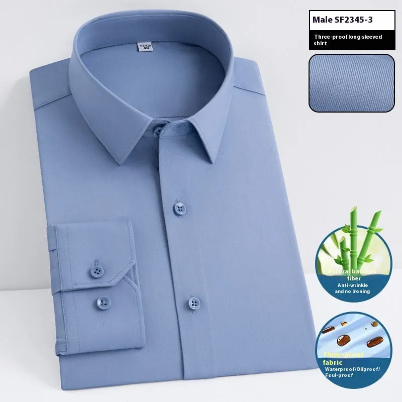 Men's slim fit square collar business shirt in bamboo fibre fabric, available in long and short sleeve styles.