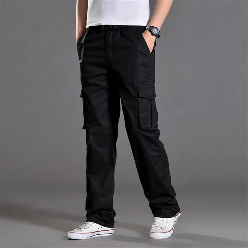 Men's cotton straight casual trousers in khaki, side view showing mid waist and straight leg cut
